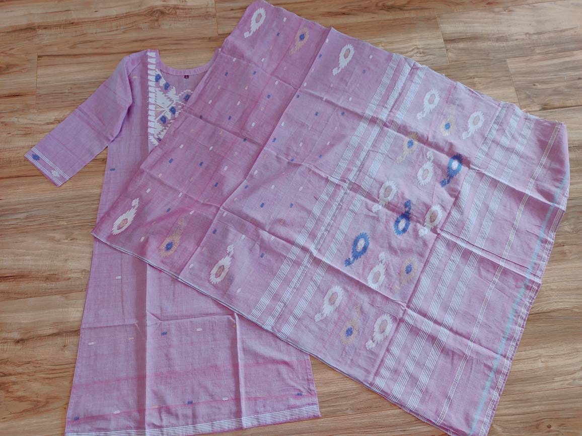 Dhakai Jamdani Dress, Original Handloom pure Cotton 2 piece, Pink and White Combination, Soft, Comfortable Summer Wear. Kamij and Dupatta