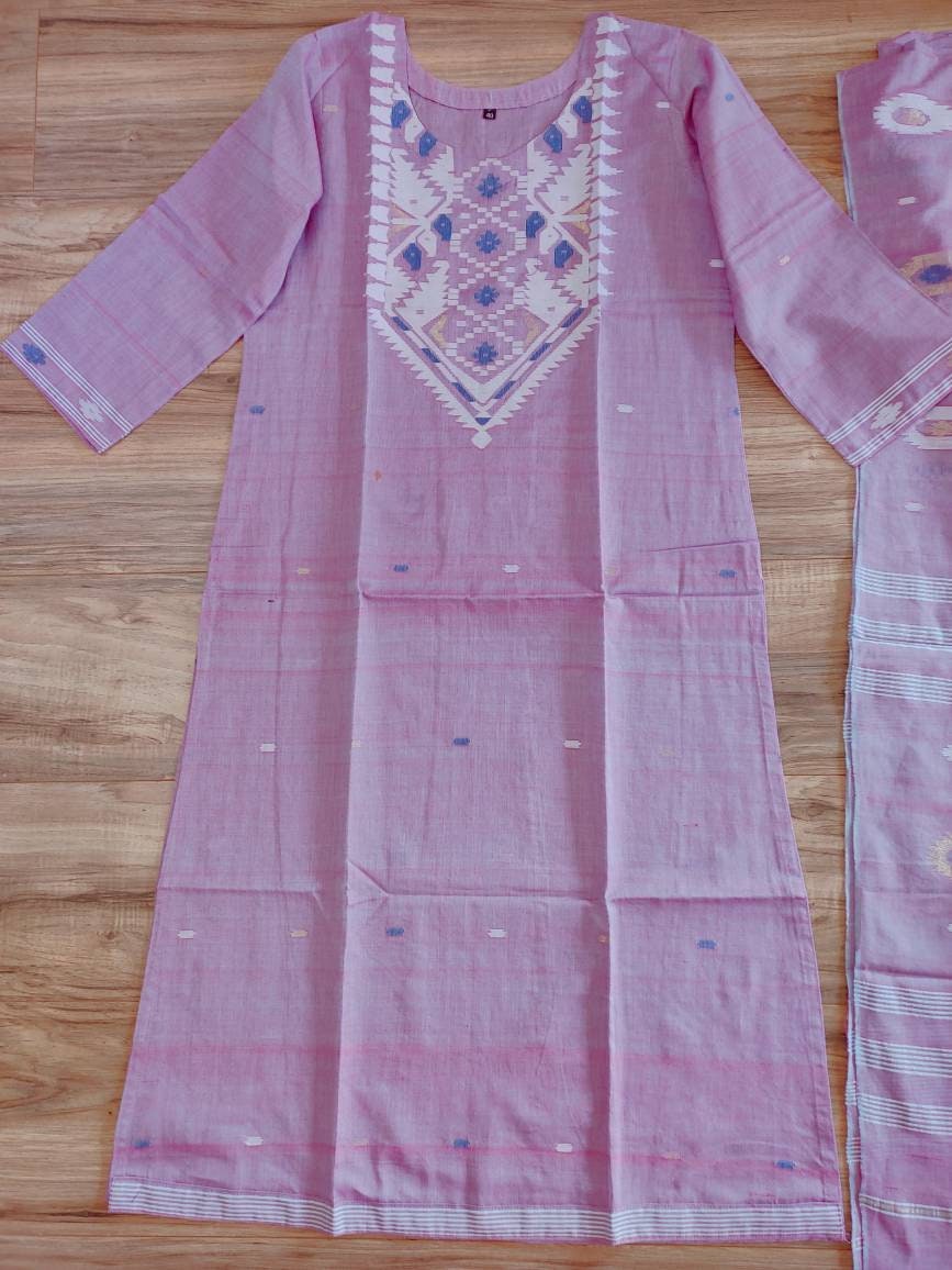 Dhakai Jamdani Dress, Original Handloom pure Cotton 2 piece, Pink and White Combination, Soft, Comfortable Summer Wear. Kamij and Dupatta