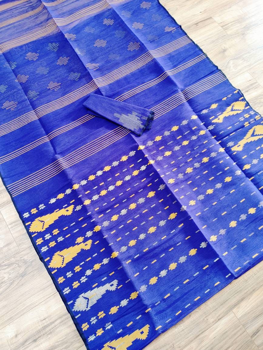 Original Dhakai Jamdani Saree Beautiful Violet/yellow Contrast, Halfsilk, Handloom 60 count thread, Traditional, Elegant, Classy Saree