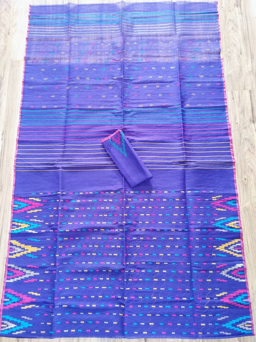 Original Dhakai Jamdani Saree Beautiful Violet/blue Contrast, Halfsilk, Handloom 60 count thread, Traditional, Elegant, Classy Saree