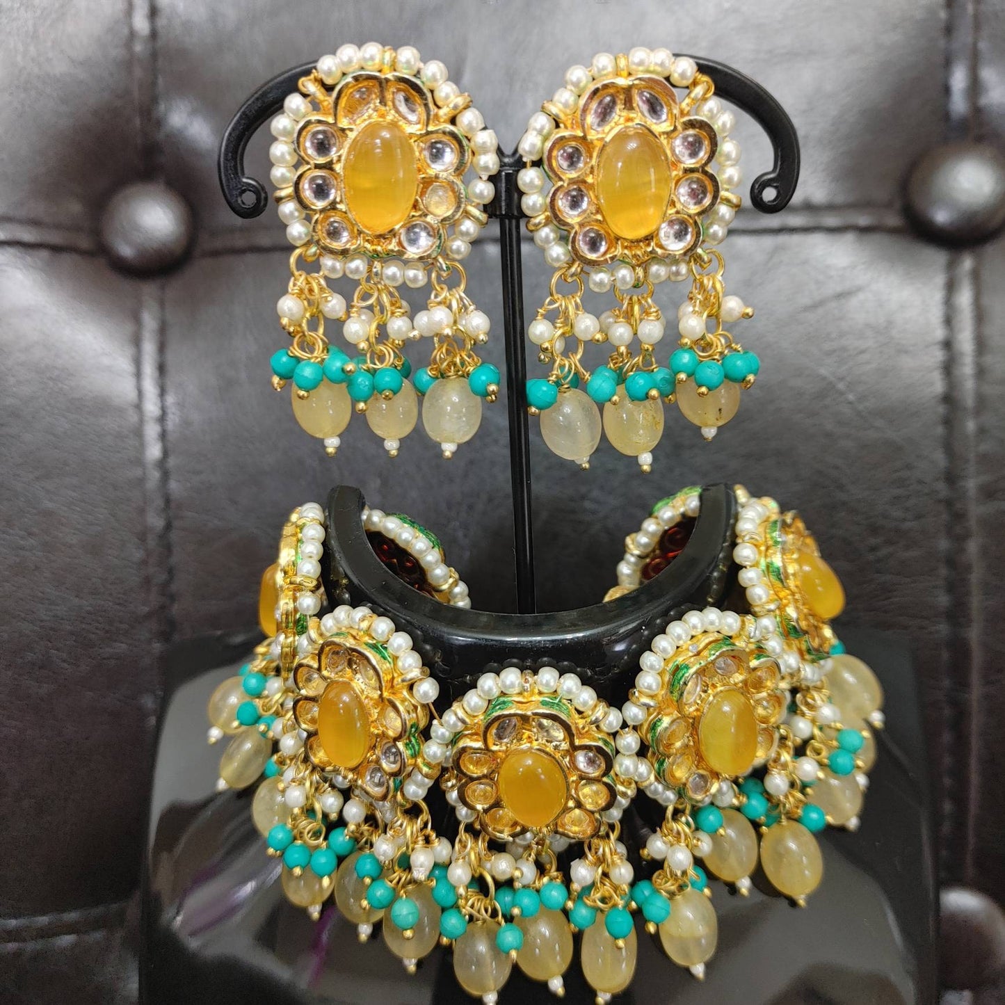 Kundan Yellow Choker Set, Indian Wedding Necklace set, AD stone, Natural Stone, Crystal, Designer Fashion Jewelry, Traditional Jewellery