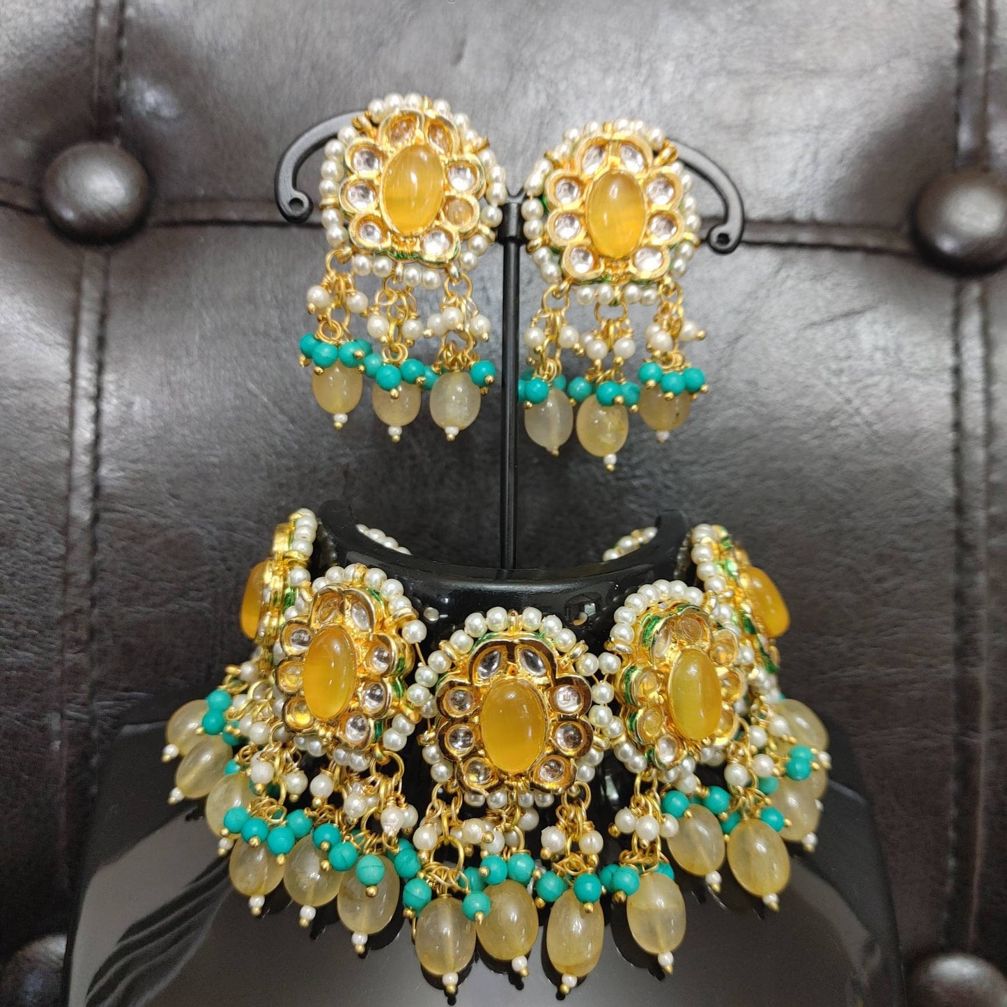 Kundan Yellow Choker Set, Indian Wedding Necklace set, AD stone, Natural Stone, Crystal, Designer Fashion Jewelry, Traditional Jewellery