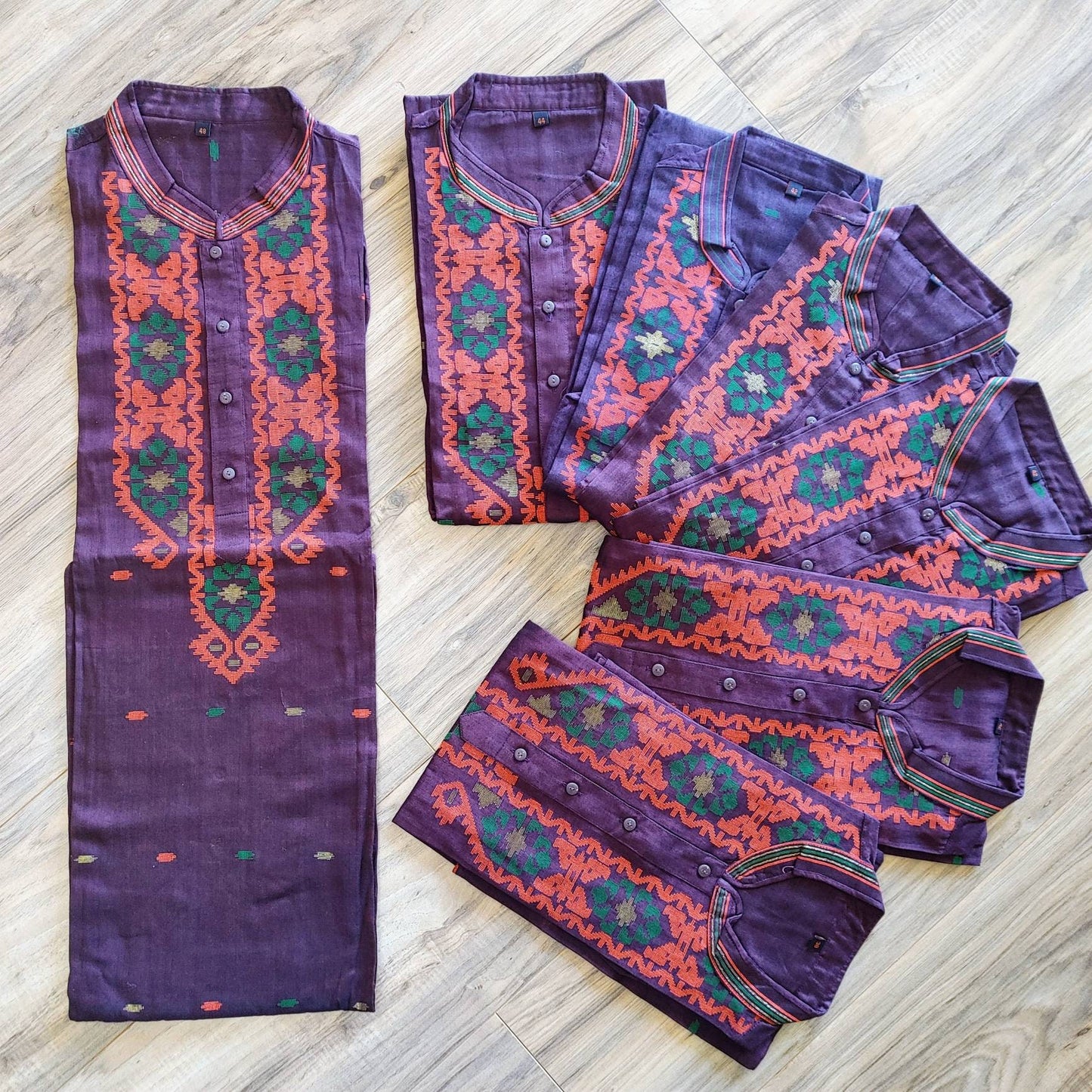 Pure Cotton Dhakai Jamdani Deep Burgundy Punjabi, Handloom, Comfortable, Elegant, Made in Dhaka, Bangladesh, Loose Fitting