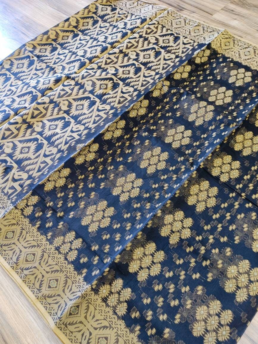 Tangail Semi-Moslin Saree, Black and Golden, Running Blouse Piece, Made in Tangail, Bangladesh