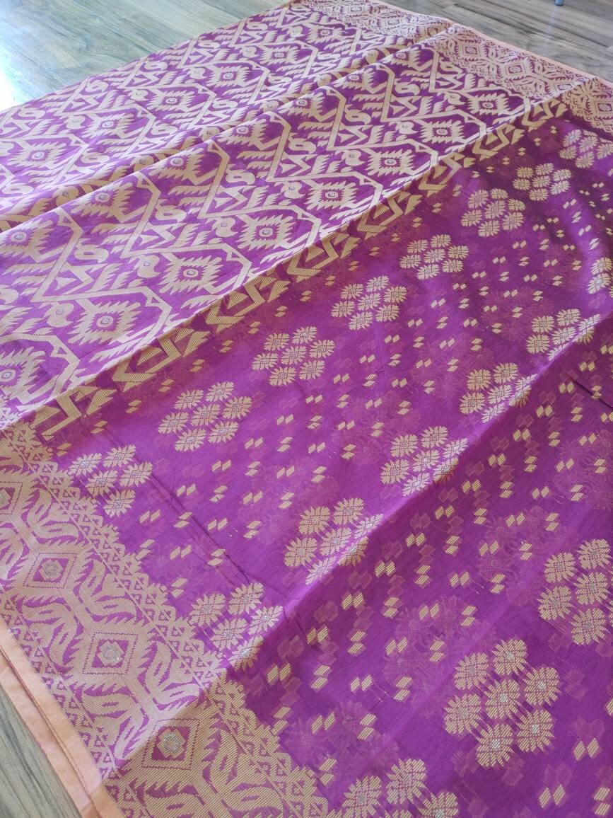 Tangail Semi-Moslin Saree, Deep Magenta and Golden, Running Blouse Piece, Made in Tangail, Bangladesh
