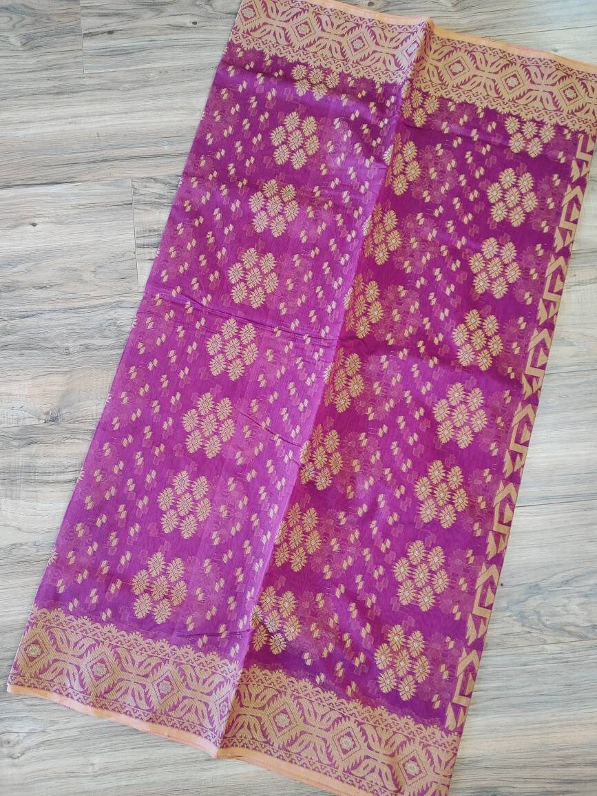 Tangail Semi-Moslin Saree, Deep Magenta and Golden, Running Blouse Piece, Made in Tangail, Bangladesh