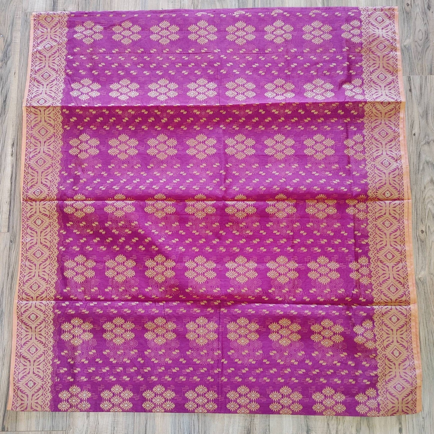 Tangail Semi-Moslin Saree, Deep Magenta and Golden, Running Blouse Piece, Made in Tangail, Bangladesh