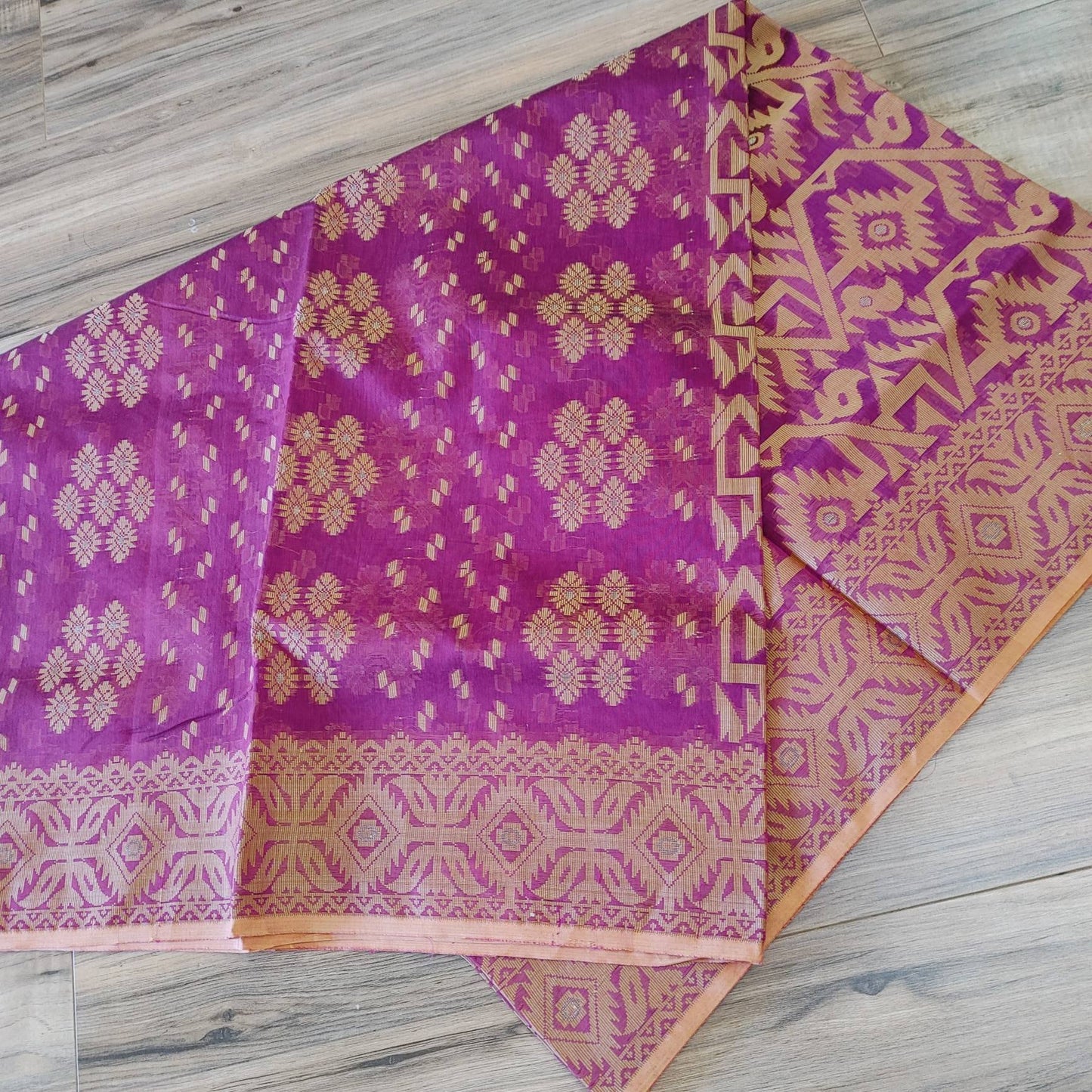 Tangail Semi-Moslin Saree, Deep Magenta and Golden, Running Blouse Piece, Made in Tangail, Bangladesh
