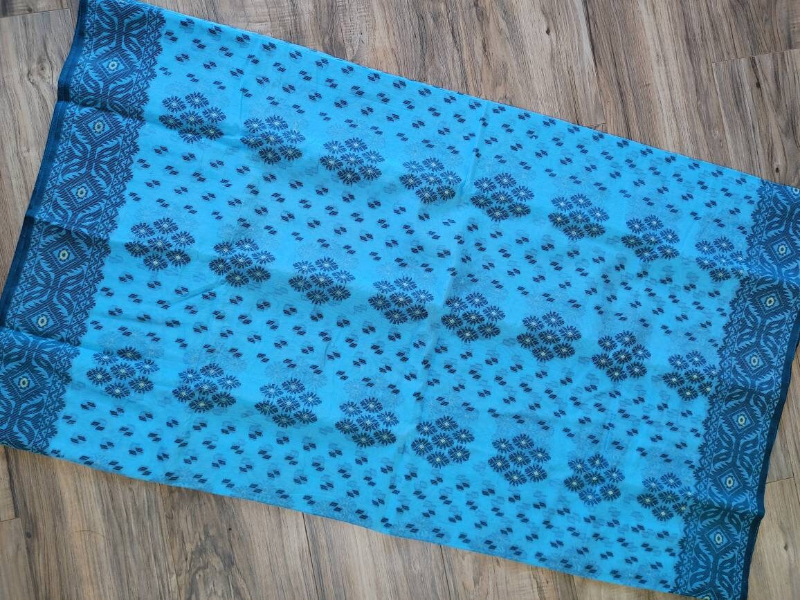 Tangail Semi-Moslin Saree, Sky blue with Black thread work, Running Blouse Piece, Made in Tangail, Bangladesh