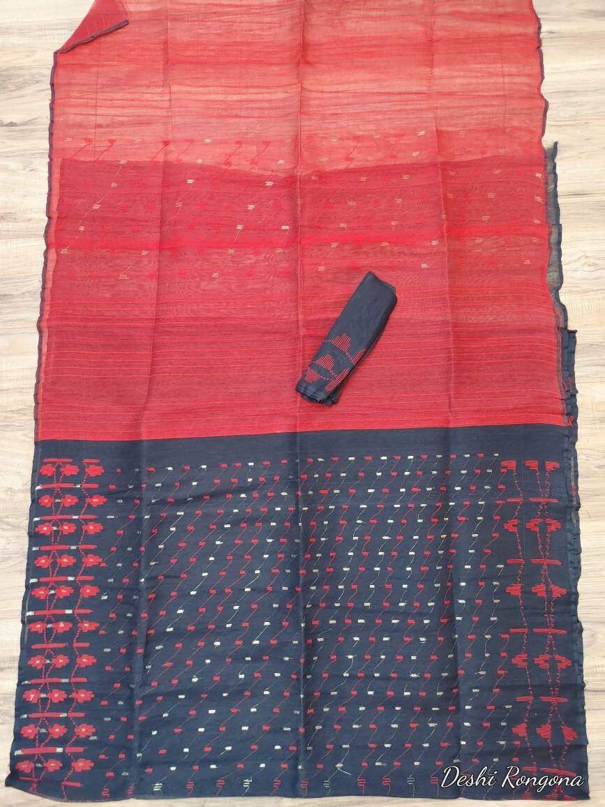 Original Dhakai Jamdani Saree, Black with Red Contrast work, Made in Bangladesh, Halfsilk,Handloom 40 count thread,Traditional,Classy Saree