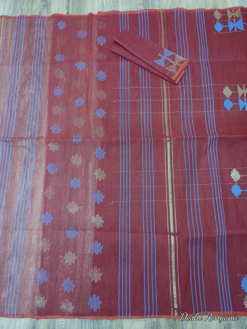 Bangladeshi Dhakai Jamdani Saree Beautiful Maroon With blue work, Halfsilk, Handloom Jamdani 40 count, Traditional, Elegant, Classy Saree