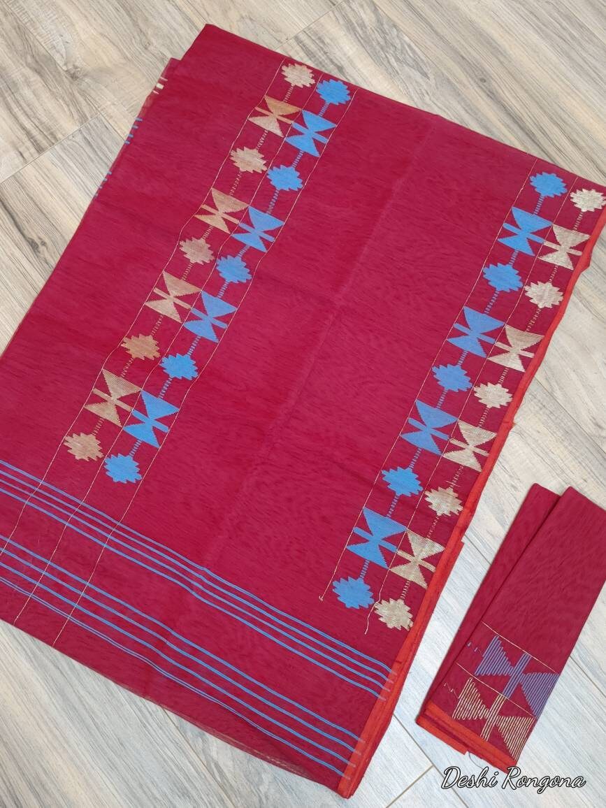 Bangladeshi Dhakai Jamdani Saree Beautiful Maroon With blue work, Halfsilk, Handloom Jamdani 40 count, Traditional, Elegant, Classy Saree