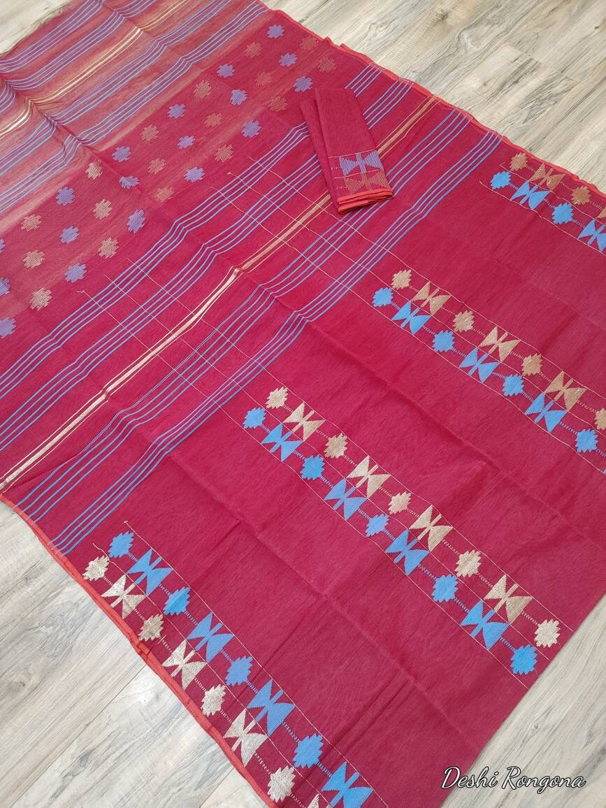 Bangladeshi Dhakai Jamdani Saree Beautiful Maroon With blue work, Halfsilk, Handloom Jamdani 40 count, Traditional, Elegant, Classy Saree