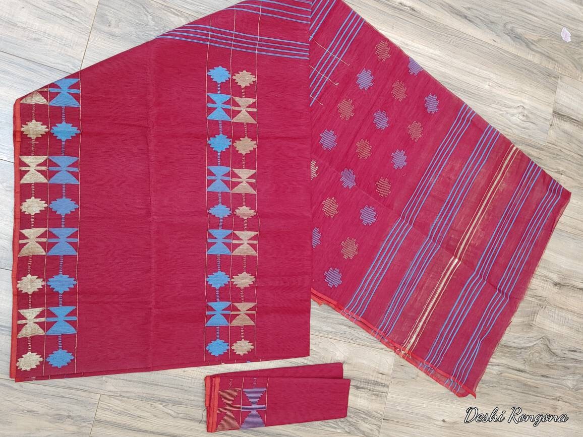 Bangladeshi Dhakai Jamdani Saree Beautiful Maroon With blue work, Halfsilk, Handloom Jamdani 40 count, Traditional, Elegant, Classy Saree