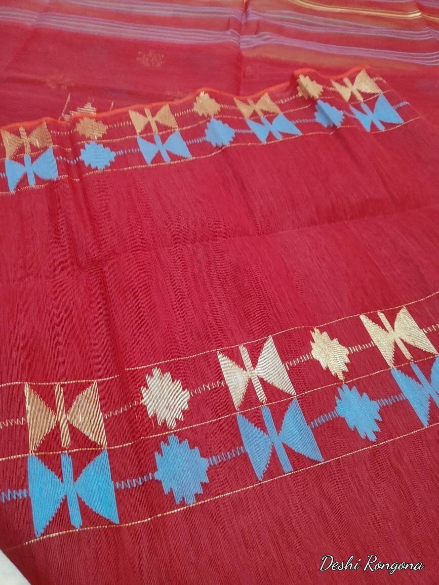 Bangladeshi Dhakai Jamdani Saree Beautiful Maroon With blue work, Halfsilk, Handloom Jamdani 40 count, Traditional, Elegant, Classy Saree