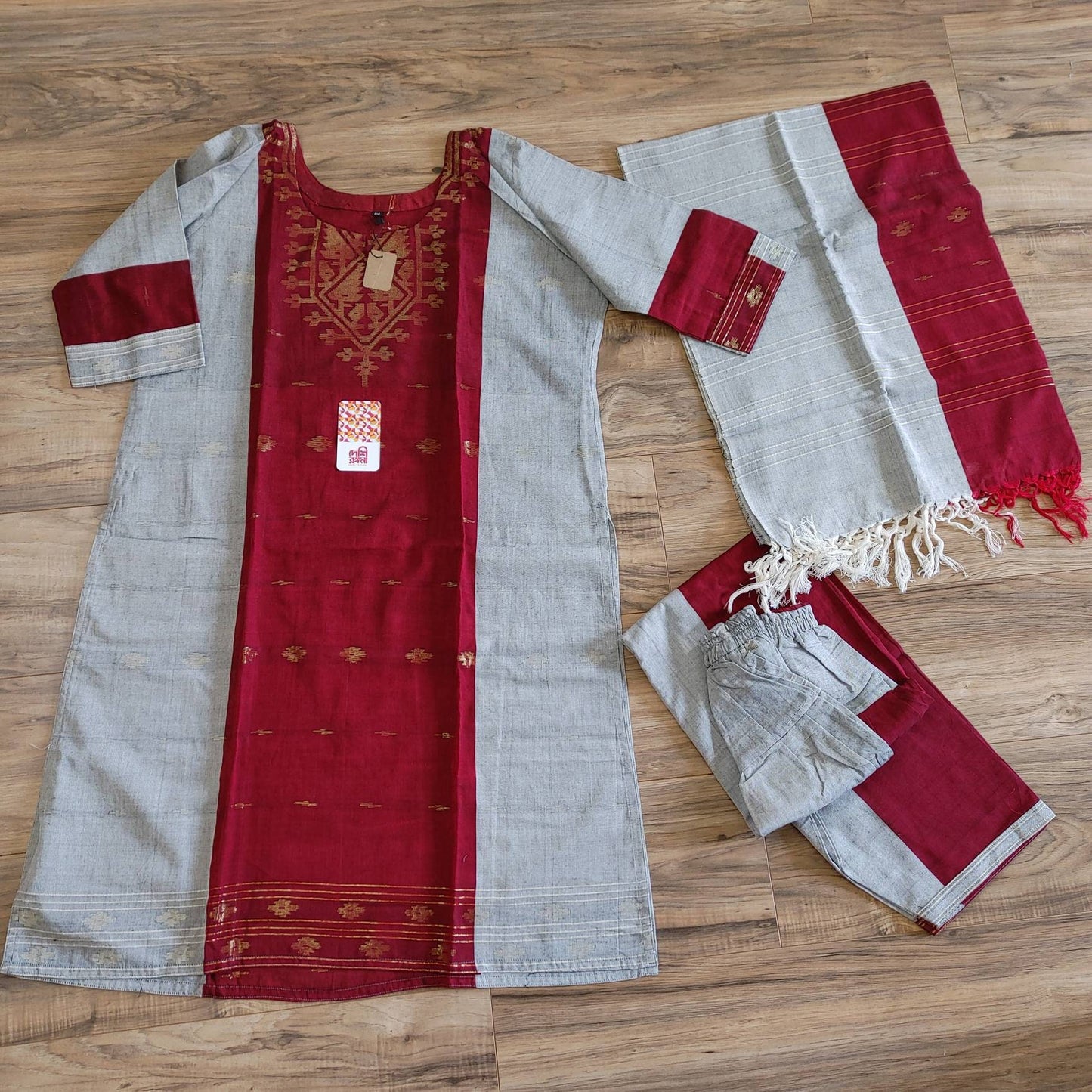 Oversize Handloom Dhakai Jamdani Cotton 3 piece, Maroon-Light Gray Color with Golden Zari, Comfortable Summer Wear, Kamij-Dupatta-Salwar