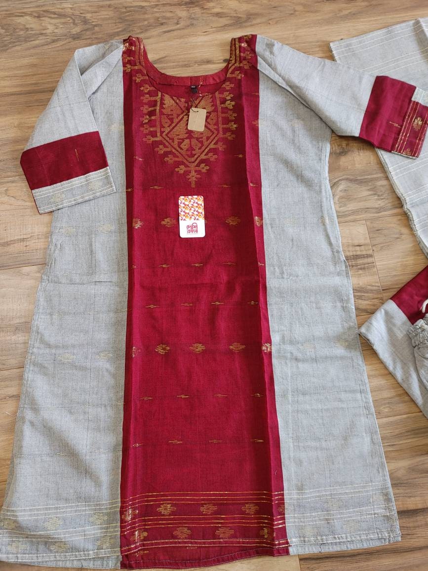 Oversize Handloom Dhakai Jamdani Cotton 3 piece, Maroon-Light Gray Color with Golden Zari, Comfortable Summer Wear, Kamij-Dupatta-Salwar