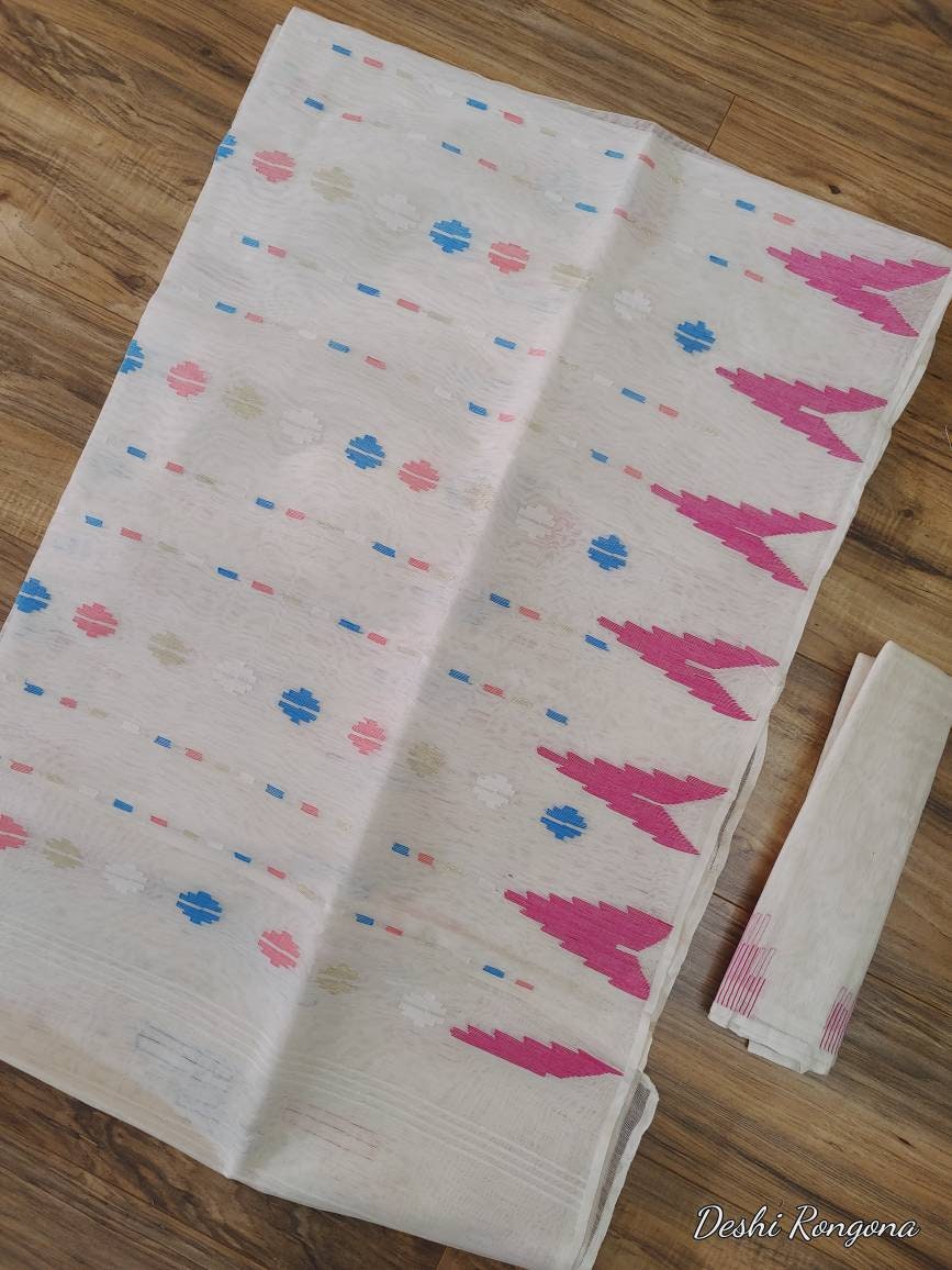 Original Dhakai Jamdani White Saree with Magenta/Blue work, Cotton, Handloom, 40 Count, Traditional Temple theme work, Made in Bangladesh