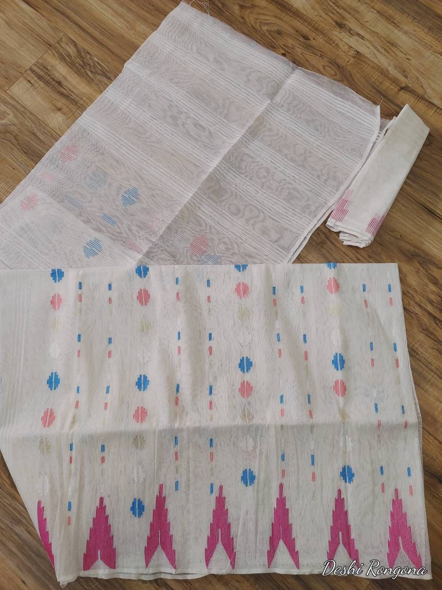 Original Dhakai Jamdani White Saree with Magenta/Blue work, Cotton, Handloom, 40 Count, Traditional Temple theme work, Made in Bangladesh