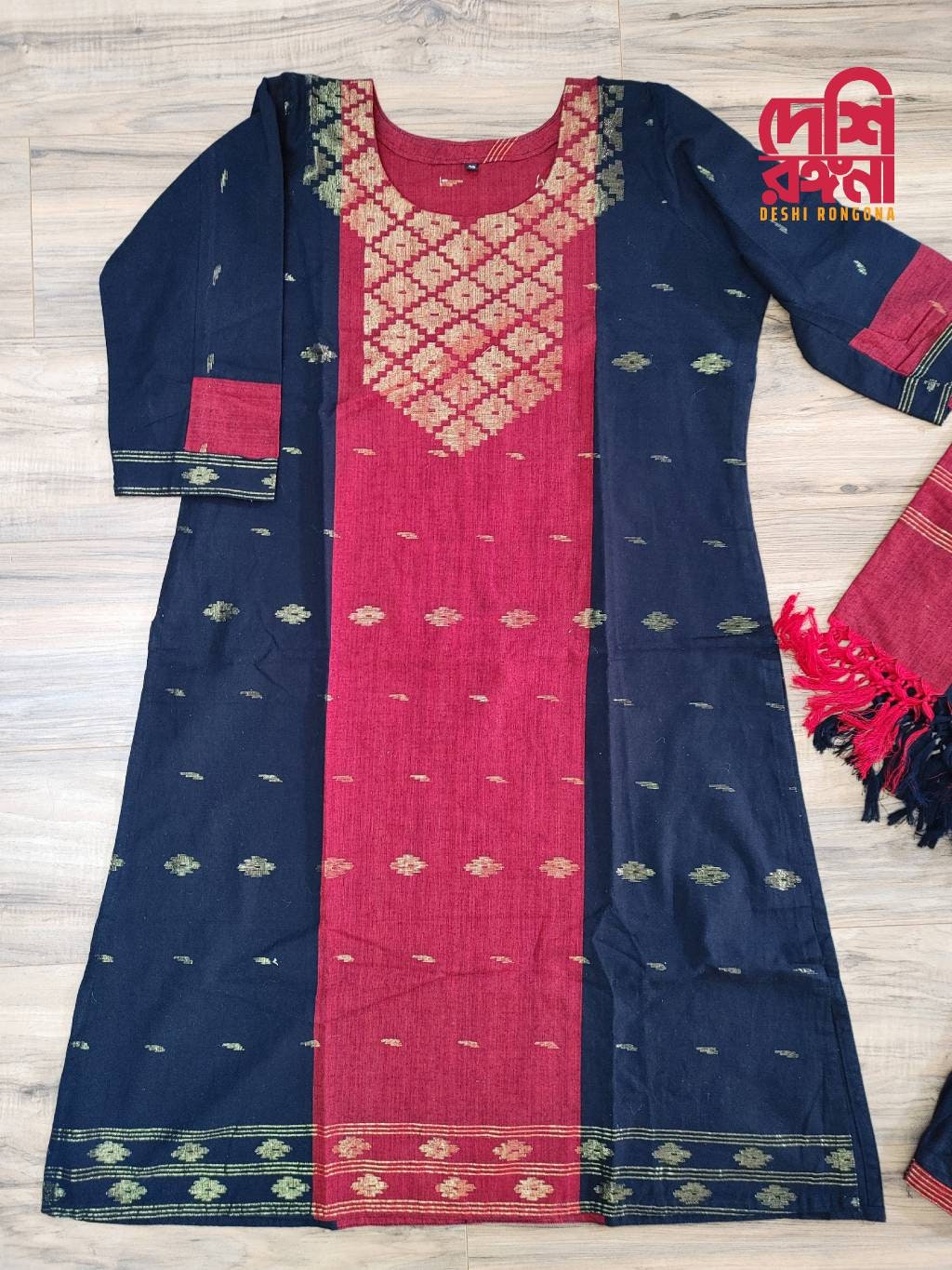 Oversize Handloom Dhakai Jamdani Cotton 3 piece, Maroon-Black Color Contrast with Golden Zari, Comfortable Summer Wear, Kamij-Dupatta-Salwar