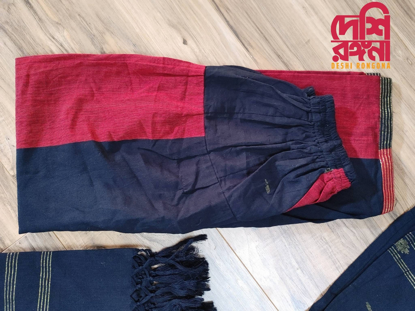 Oversize Handloom Dhakai Jamdani Cotton 3 piece, Maroon-Black Color Contrast with Golden Zari, Comfortable Summer Wear, Kamij-Dupatta-Salwar