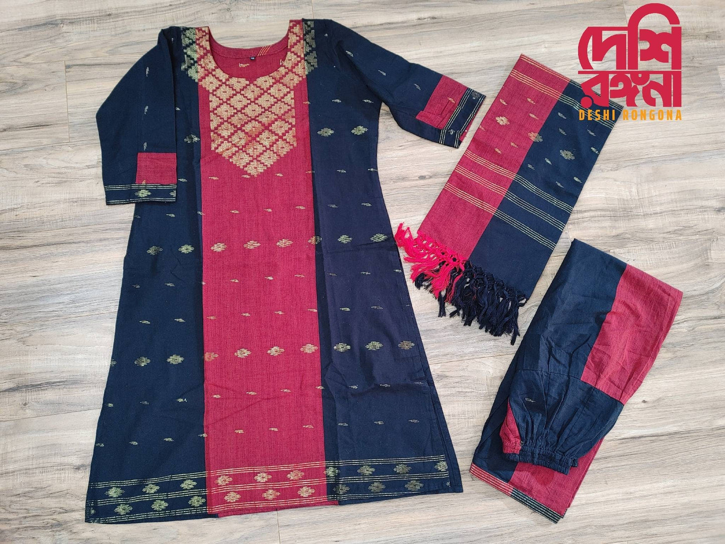 Oversize Handloom Dhakai Jamdani Cotton 3 piece, Maroon-Black Color Contrast with Golden Zari, Comfortable Summer Wear, Kamij-Dupatta-Salwar