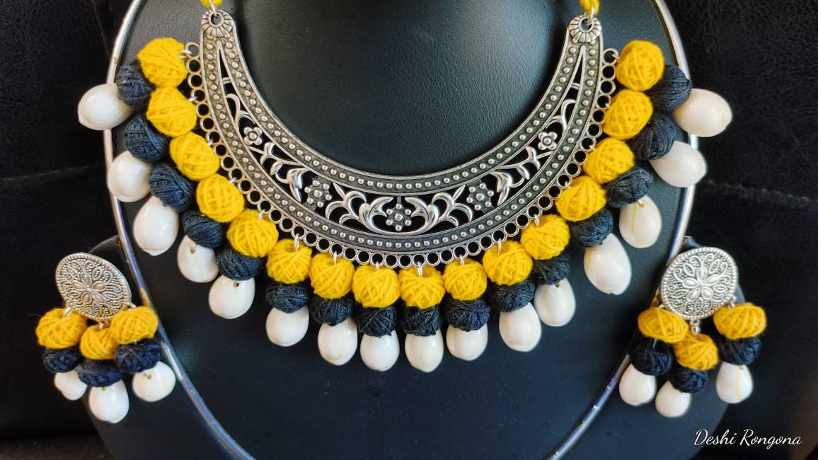 Oxidized Shell Necklace Set, Yellow/Black Contrast,Hand Crafted,Immaculate 100% Natural Snail Shell,Jute ball Vintage Style Handmade Jewelry
