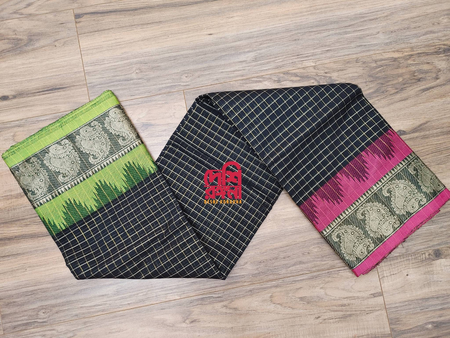 Halfsilk Madurai Saree, Beautiful Black Body with Jari check and Magenta/Green Ganga-Jamuna Border. Perfect Party wear