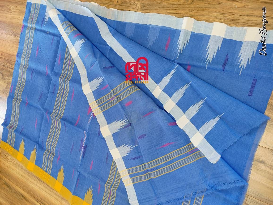 Sylheti Original Monipuri Handwoven Soft Cotton Saree, Blue with Yellow/White Ganga Jamuna Woven Border,Bangladeshi,Traditional Saree