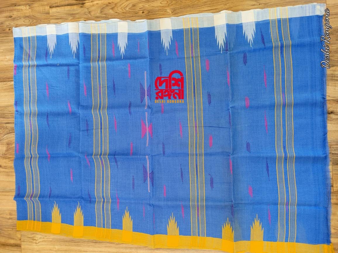 Sylheti Original Monipuri Handwoven Soft Cotton Saree, Blue with Yellow/White Ganga Jamuna Woven Border,Bangladeshi,Traditional Saree