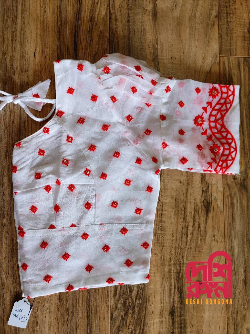 White-Red Cotton Blouse, Durga Puja Theme Readymade Blouse, Size 34-40, Comfortable, goes with any contrast saree collection of your closet