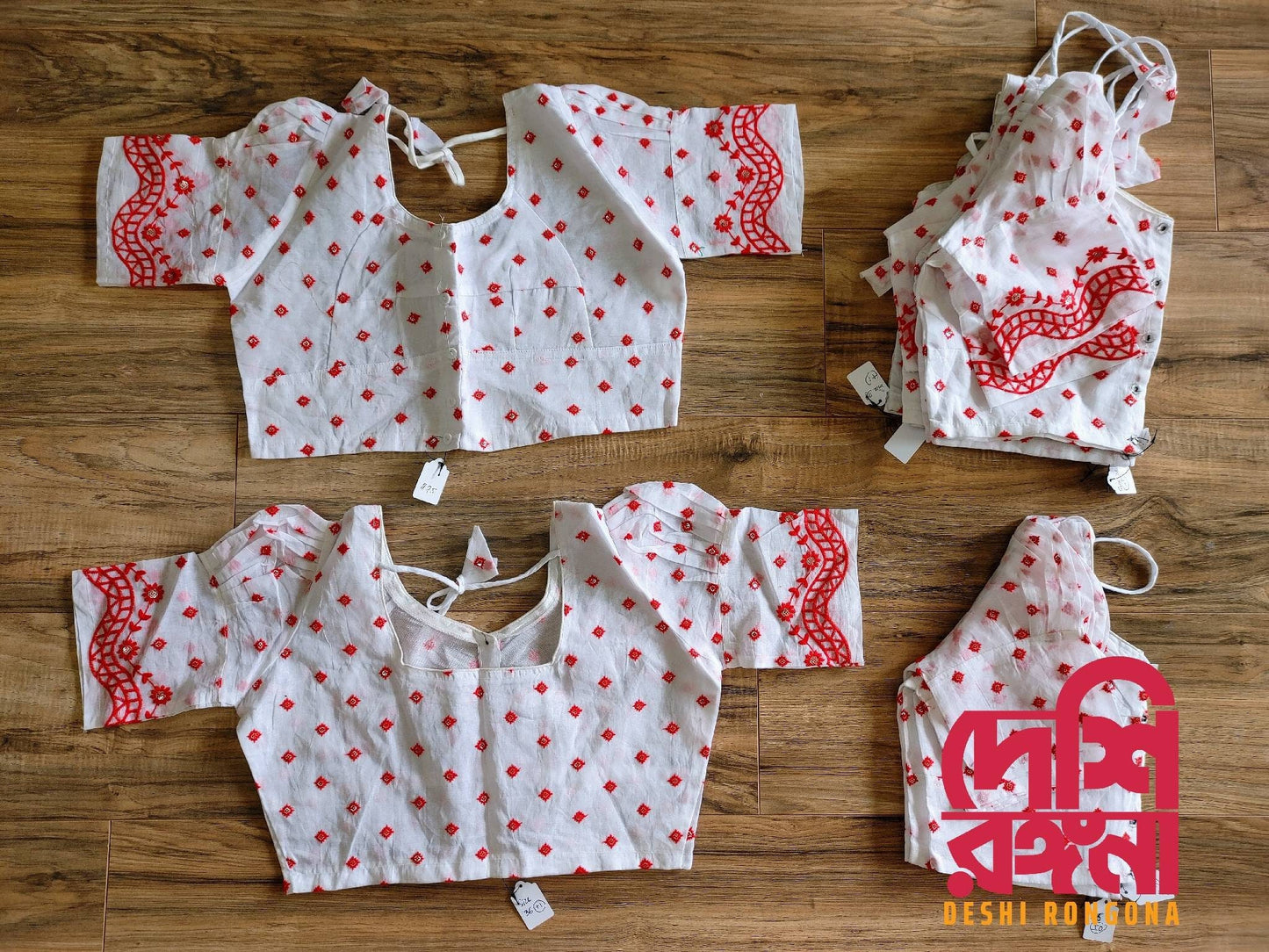 White-Red Cotton Blouse, Durga Puja Theme Readymade Blouse, Size 34-40, Comfortable, goes with any contrast saree collection of your closet