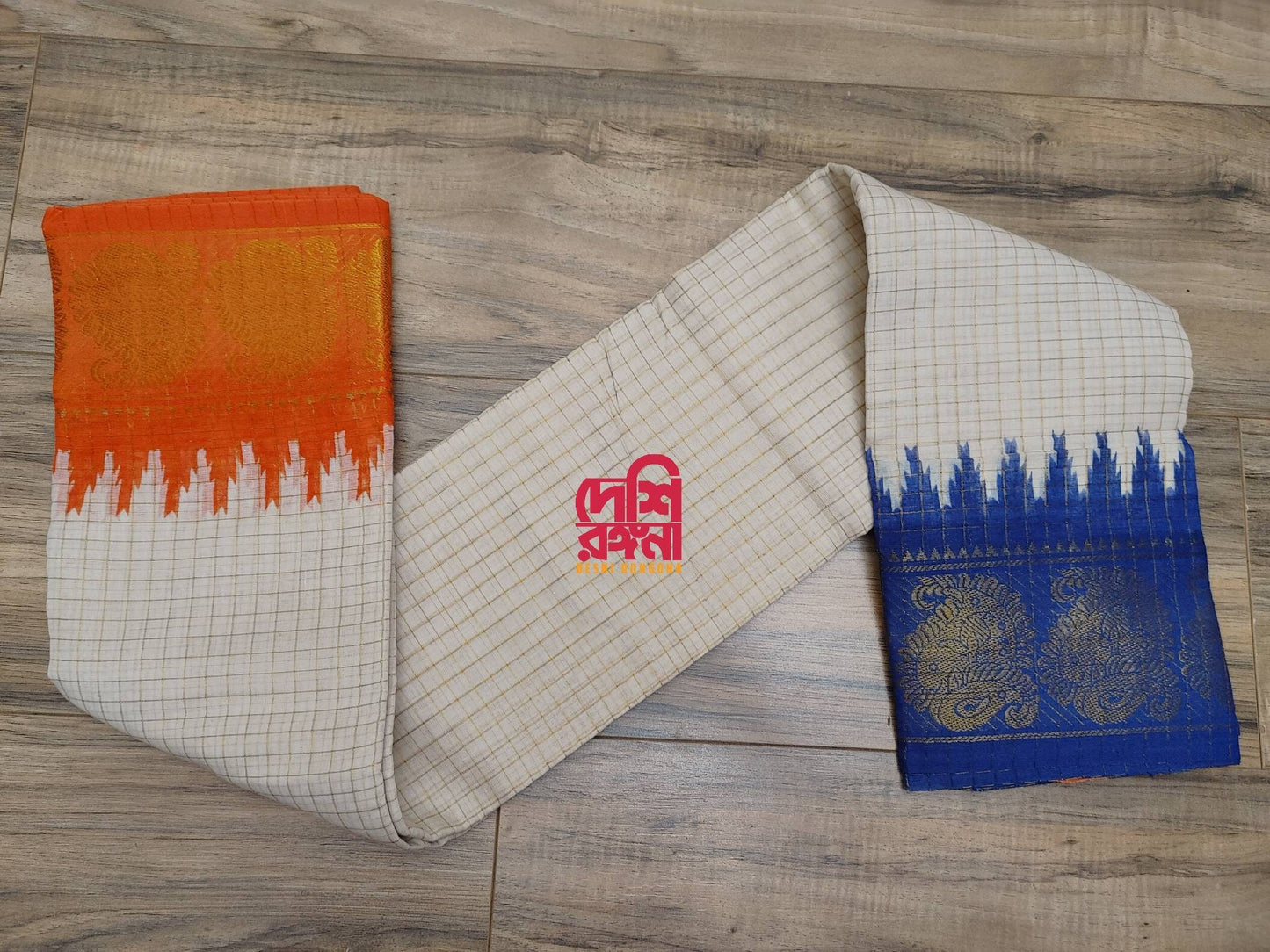 Madurai Cotton Saree, White with colorful Ganga Jamuna Border, Beautiful Off white body with check Jari, Perfect Party wear.