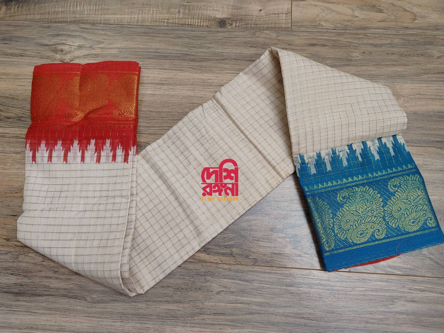 Madurai Cotton Saree, White with colorful Ganga Jamuna Border, Beautiful Off white body with check Jari, Perfect Party wear.
