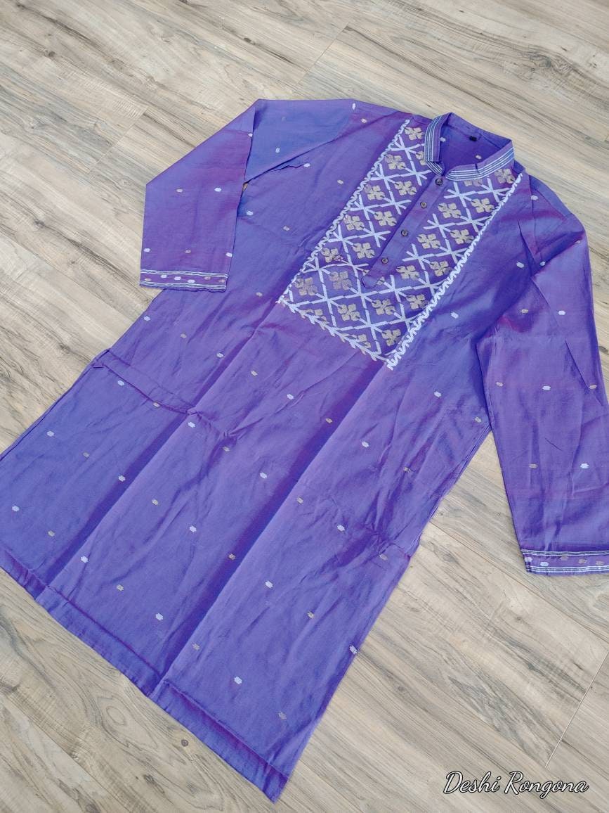 Original Dhakai Jamdani Men Punjabi, Purple with white and golden work ,Handloom, Comfortable, Elegant, Made in Dhaka, Bangladesh,Loose Fit