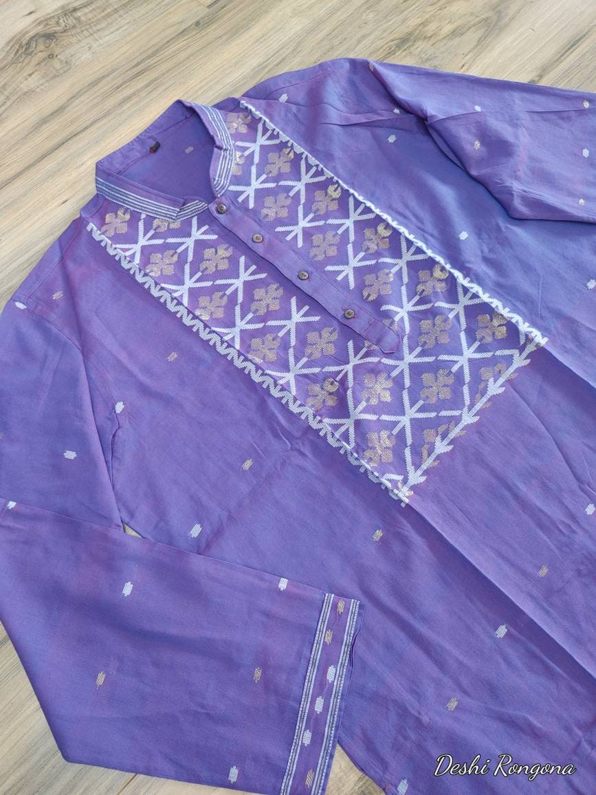 Original Dhakai Jamdani Men Punjabi, Purple with white and golden work ,Handloom, Comfortable, Elegant, Made in Dhaka, Bangladesh,Loose Fit