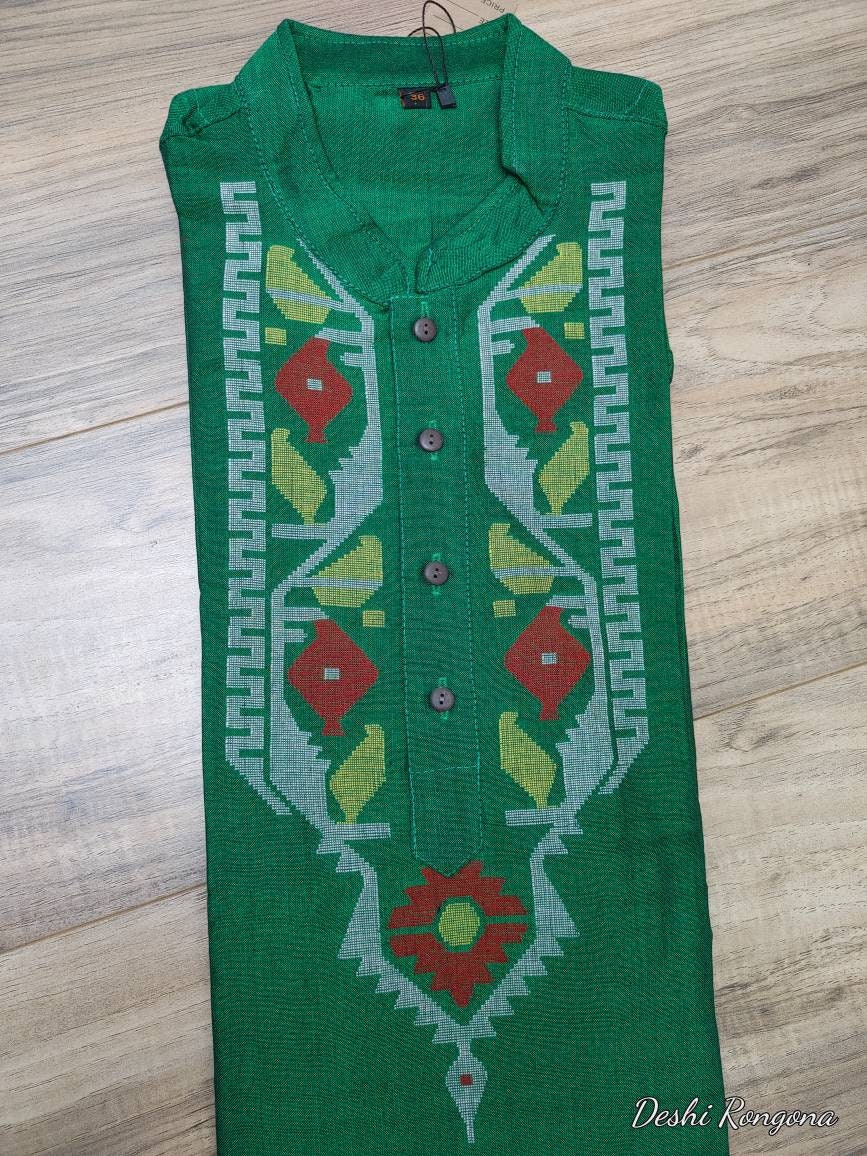 Dhakai Jamdani Tosshor Silk Green Punjabi, with multi thread work,Loose Fit,Comfortable, Elegant,Classy, Handmade from Scratch in Bangladesh