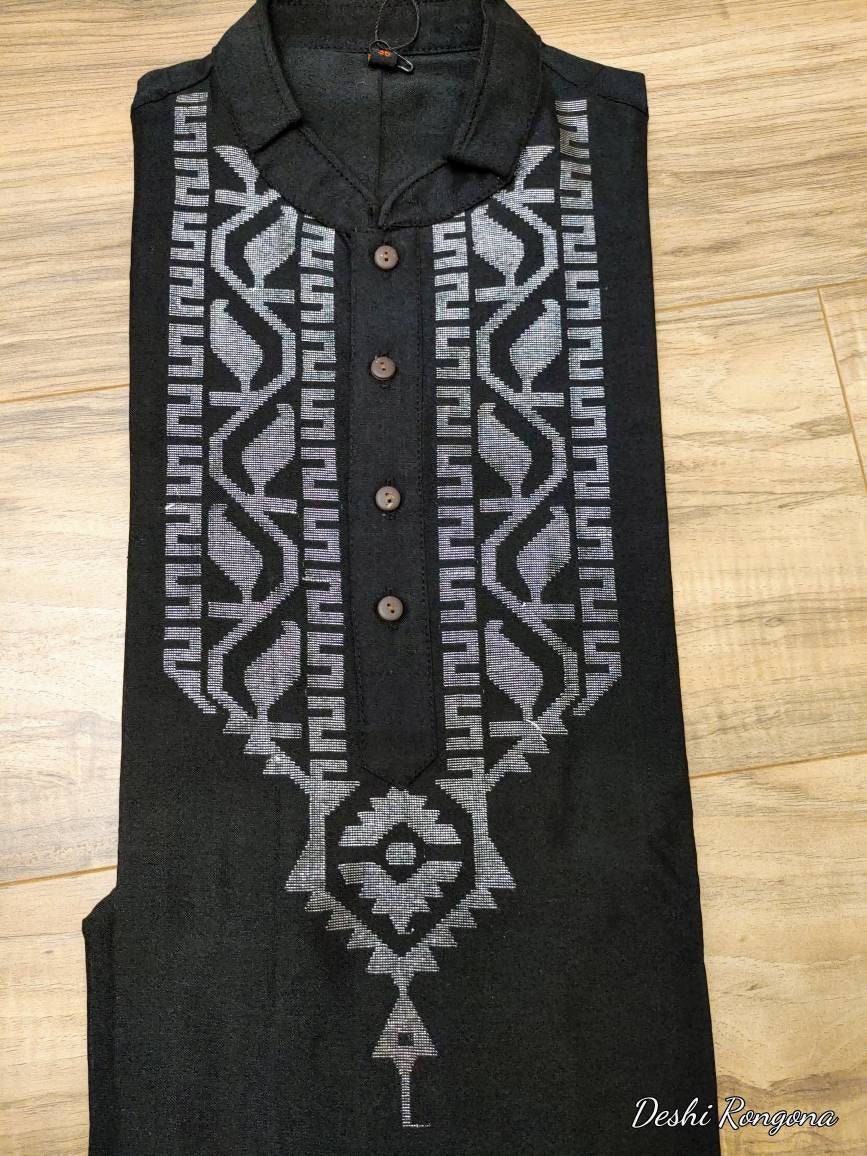 Original Dhakai Jamdani Silk Black Punjabi,with Silver thread work,Loose Fit,Comfortable, Elegant,Classy,Handmade from Scratch in Bangladesh