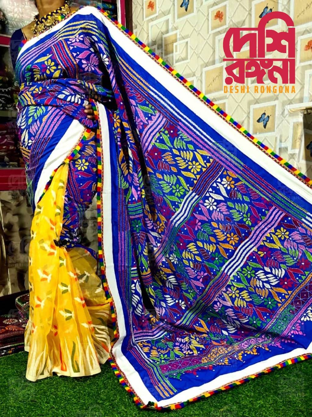 Extraordinary Hand Stiched Kantha Saree, Half Jamdani, Half Bangalore Silk with Multi color Kantha Works,running blouse piece, Elegant Saree