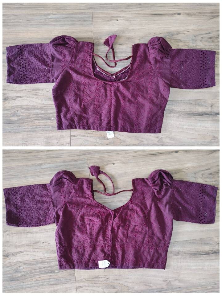 Readymade Lakhnaw Cotton Blouse, Plum Color Readymade Designer Blouse, Embroidered, Comfortable, goes with any contrast saree of your closet