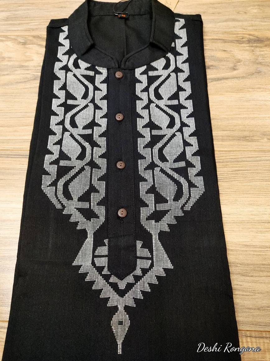 Original Dhakai Jamdani Silk Black Punjabi,with white thread work,Loose Fit,Comfortable, Elegant,Classy,Handmade from Scratch in Bangladesh