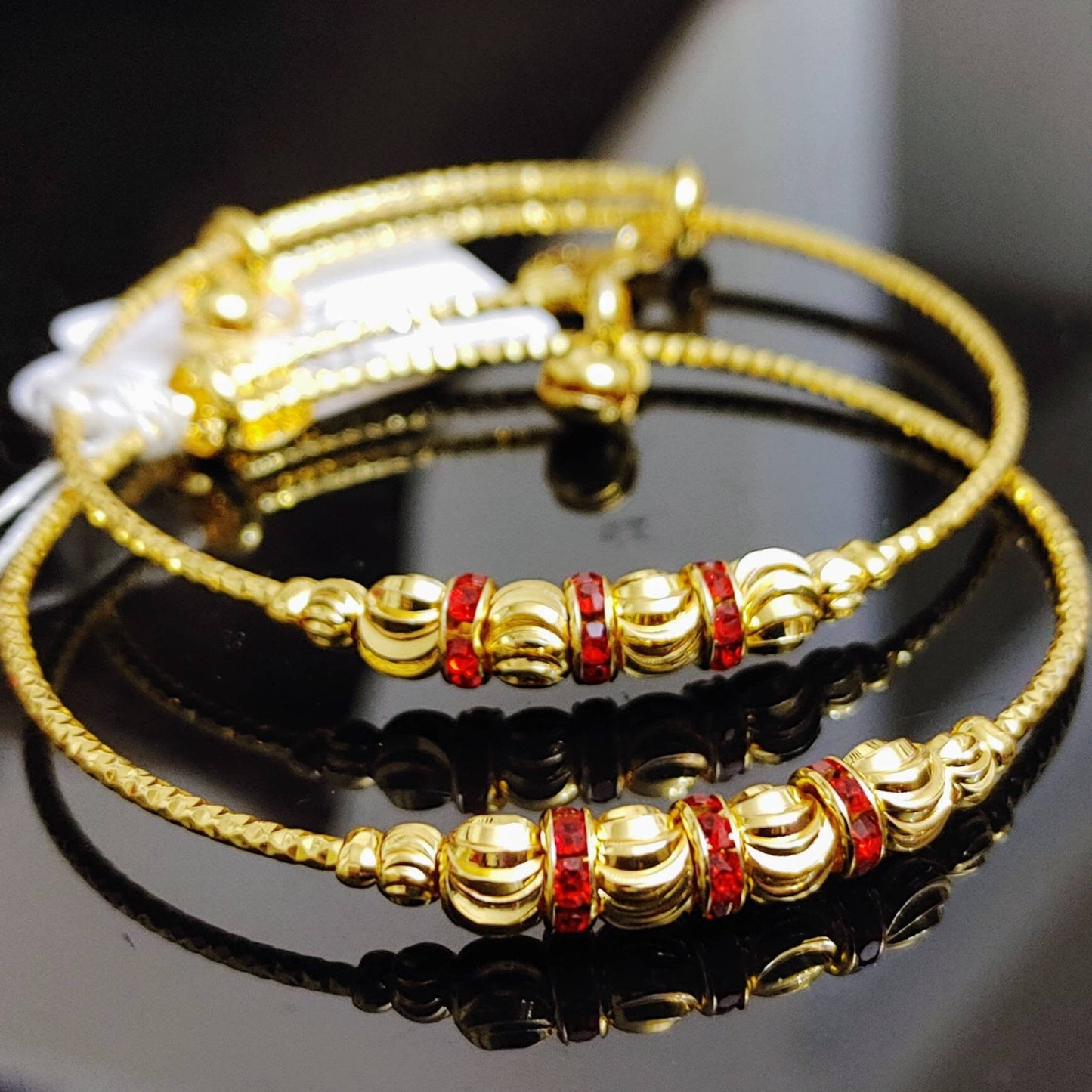 Gold Plated Bangles, 1 pair, Red stone work, Adjustable, Elegant Gift For Women - Indian Wedding, Bridal Bangles - Bridesmaid Party Jewelry