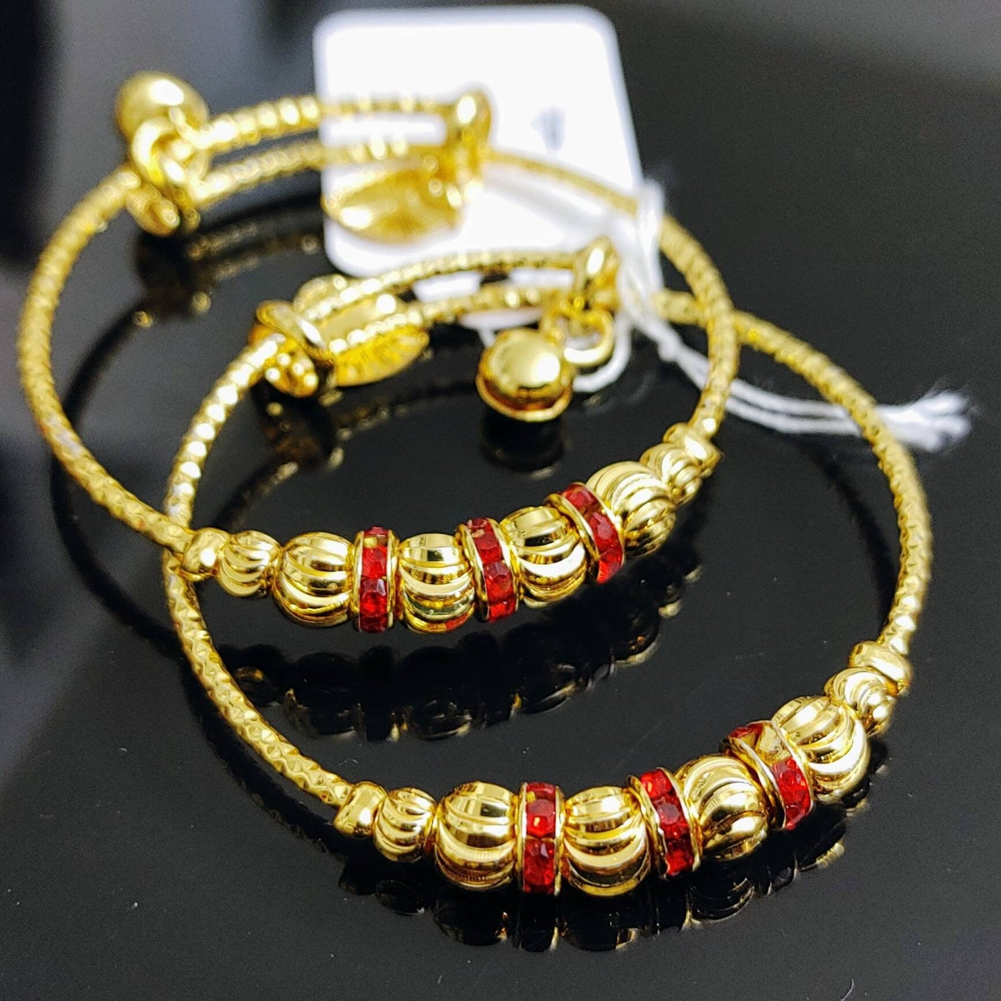 Gold Plated Bangles, 1 pair, Red stone work, Adjustable, Elegant Gift For Women - Indian Wedding, Bridal Bangles - Bridesmaid Party Jewelry