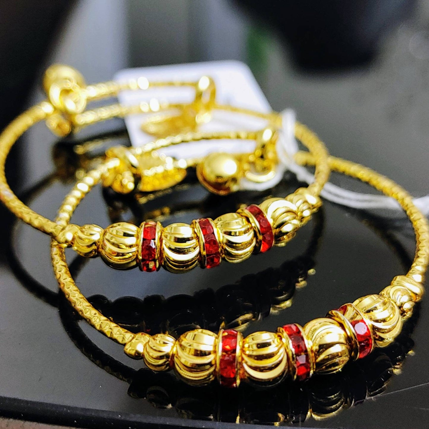 Gold Plated Bangles, 1 pair, Red stone work, Adjustable, Elegant Gift For Women - Indian Wedding, Bridal Bangles - Bridesmaid Party Jewelry