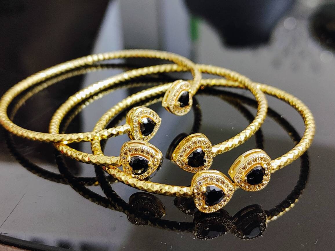 Gold Plated Bangles With Black Gemstone, 1 piece Bangle, Adjustable, Elegant Gift, Indian Wedding, Bridal Bangles, Bridesmaid Party Jewelry