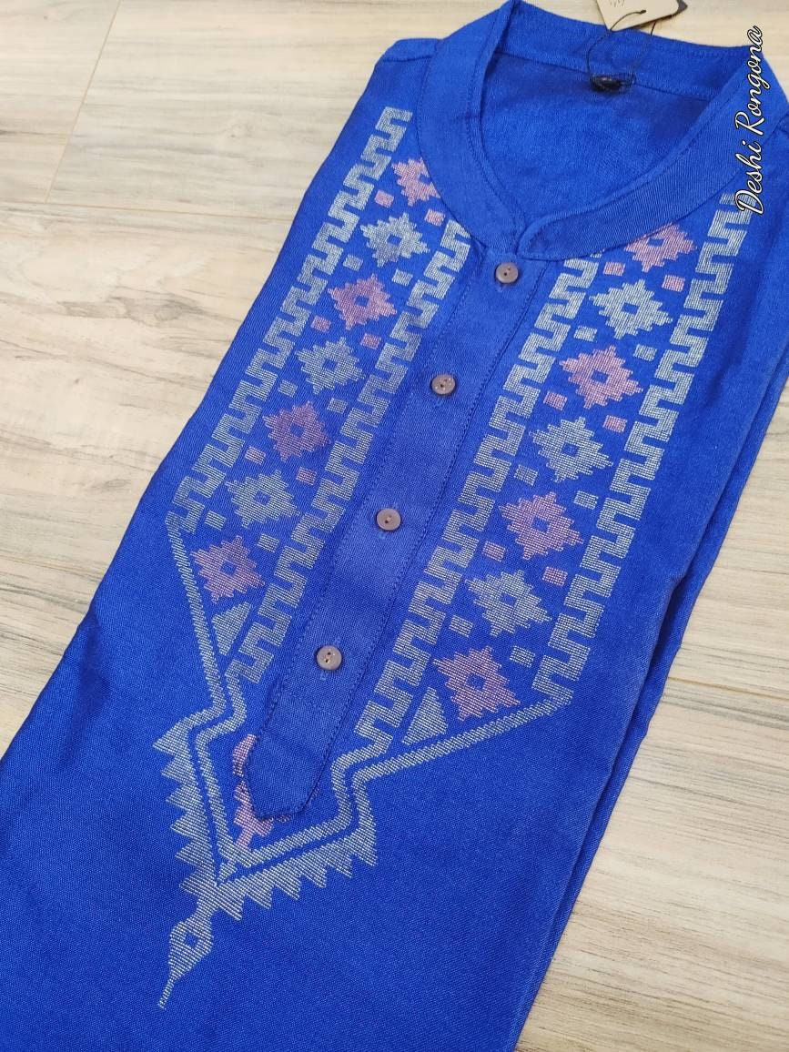 Original Dhakai Jamdani Silk Blue Punjabi, Tosshor/3 color Jari work, Loose Fit, Elegant and Classy, Handmade from Scratch in Bangladesh