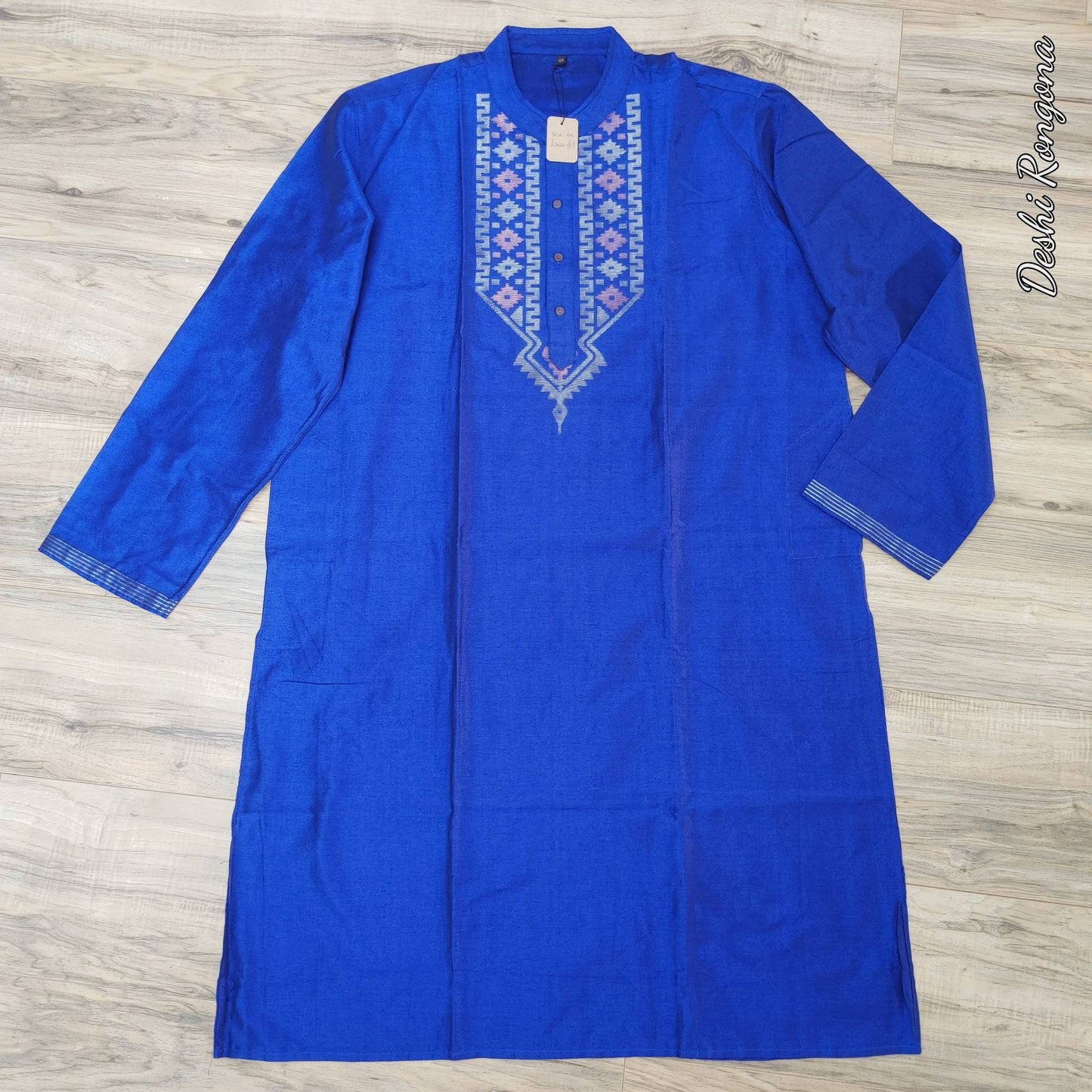 Original Dhakai Jamdani Silk Blue Punjabi, Tosshor/3 color Jari work, Loose Fit, Elegant and Classy, Handmade from Scratch in Bangladesh