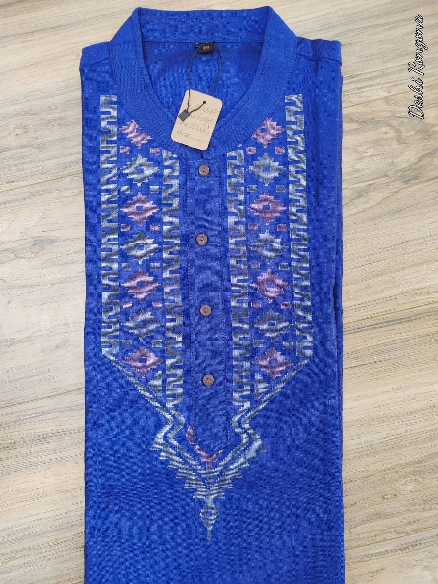 Original Dhakai Jamdani Silk Blue Punjabi, Tosshor/3 color Jari work, Loose Fit, Elegant and Classy, Handmade from Scratch in Bangladesh
