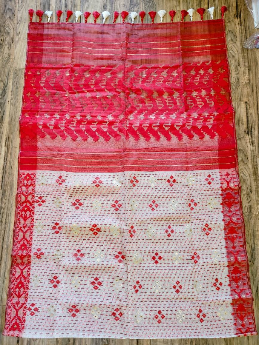 White Red Dhakai Jamdani Saree - Handloom 80 Count