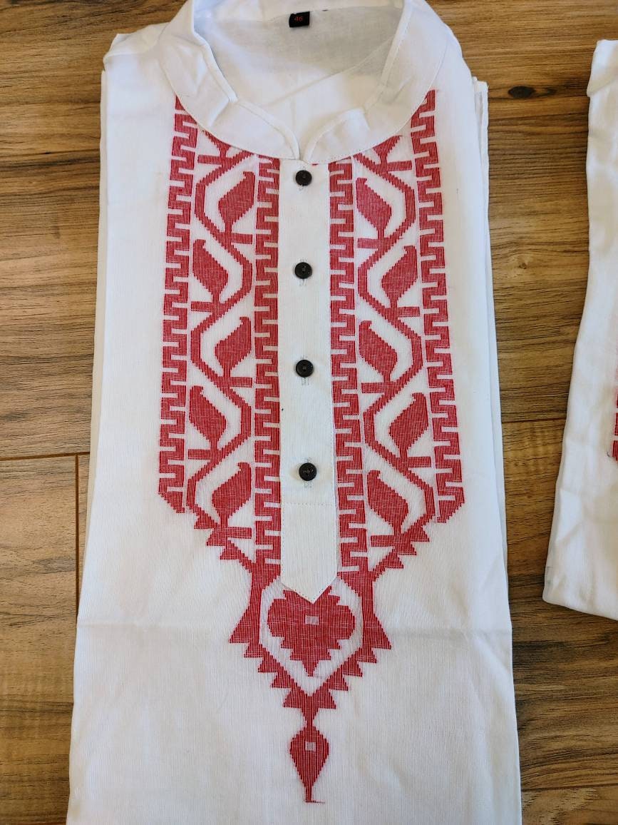 Cotton Dhakai Jamdani White Red Punjabi, Handloom, Comfortable, Elegant, Made in Dhaka, Bangladesh. Aarong Loose Fitting Size 34 to 48